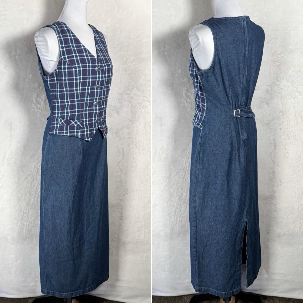 Vintage 90s Plaid Denim Midi Vest Dress Size S Jumper Cottage Teacher Ivy Preppy - Picture 3 of 15